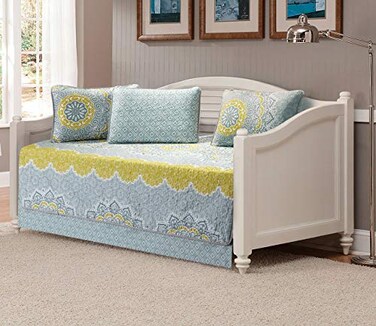 Mk Home 5pc Daybed Set Oversized Quilted Bedspread Coverlet Medallion Yellow Coastal Plain Grey Green White New