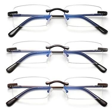 HIYANJN Frameless Reading Glasses Blue Light Blocking Rimless Computer Reader For men Lightweight Eyeglasses(3-Pack,3.25