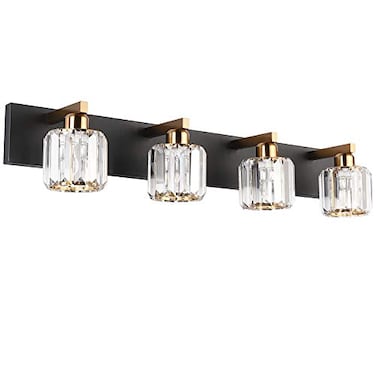 Aipsun Crystal Bathroom Vanity Lighting Black Vanity Light Fixtures Modern Vanity Light for Bathroom 4 Lights(Exclude Bulb