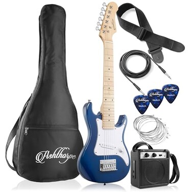 Ashthorpe 30-inch Kids Electric Guitar Beginner Kit with Amplifier (Blue, Basic Starter Package w/Gig Bag, Strings, Strap, Picks