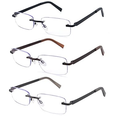 FEIVSN 3 Pack Rimless Reading Glasses for Men Blue Light Blocking Readers Spring Hinge Metal Arms Sturdy Stylish Computer Glasses1.75