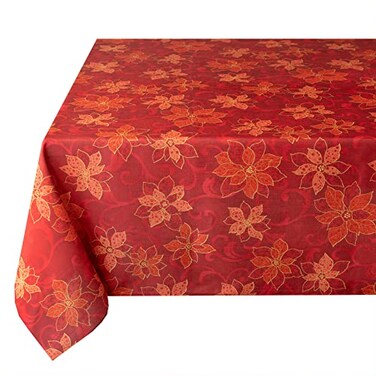 Benson Mills Poinsettia Scroll Printed Rectangle Fabric Table Cloth, Winter, Holiday and Christmas Tablecloth (52" X 70" Rectangular, Red