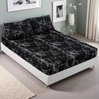 MAG 3pcs Black Marble Twin Bed Sheet, Super Soft Microfiber Marble Fitted Sheets Included 1 Fitted Sheet and 2 Pillowcases, 14 Inches Deep (Twin, Black