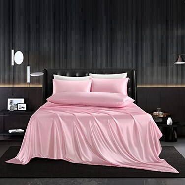 HommxJF 5Pcs Pink Silk Sheets Full Size Satin Sheets Set Silky Breathable Luxury Bedding Sheets Set with 1 Satin Flat Sheet,1Deep Pocket Fitted Sheet,3 Pillowcases