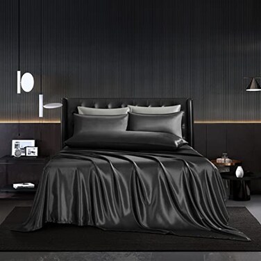 HommxJF 5Pcs Black Satin Sheets Set Full Size Sheets, Comforter Black Satin Bedding Set with 1 Flat Sheet,1Deep Pocket Fitted Sheet,3 Pillowcases with Envelope Closure