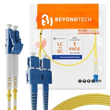 BEYONDTECH 5m (16.4ftLC to SC Fiber Patch Cable – UPC Single-Mode Duplex Fiber Optic Cable – 9/125µm core, Compatible with OS1OS2 – 100G LSZH PUREOptics Series – Insensitive