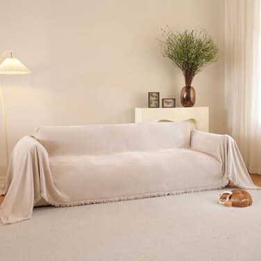 RAMEFILD Sofa Covers for Sectional 3 Seat Couch Throw Couch Cover with Tassel Chenille Herringbone Sofa Washable Thick Couch Protector for Pets, Kids(Light Khaki, X-Large, 71" x 134