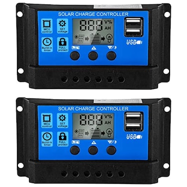 Flutesan Solar Battery Controller 12v/24v Solar Panel Charge Controller Ground Solar Panel Controller Regulator with Adjustable LCD Display and Dual USB Port Timer Setting PWM Auto Parameter(2 Pieces,