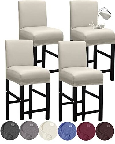 HFCNMY Bar Stool Covers,4 Pack Stretch Waterproof PU Bar Stool Covers with Backs Bar Stool Chair Covers Barstool Covers Slipcovers with Back Pub Counter Stool Chair Covers with Elastic Bands Beige