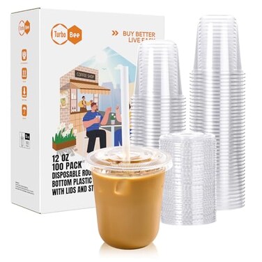 Turbo Bee Disposable Plastic Cups with Lids and Straws, 12 Oz, 100 Pack