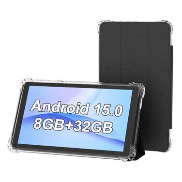 Peicheng Tablet with Protective Case, 7" Ips 1024 600 Android 15.0 Tab PC RAM 8GB(3+5Expand)+ROM 32GB Bluetooth 5.0 Wifi6 2.4G+5G 2MP+5MP Dual Cameras (Black)
