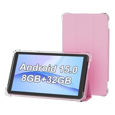 Peicheng Tablet with Protective Case, 7" Ips 1024 600 Android 15.0 Tab PC RAM 8GB(3+5Expand)+ROM 32GB Bluetooth 5.0 Wifi6 2.4G+5G 2MP+5MP Dual Cameras (Pink)