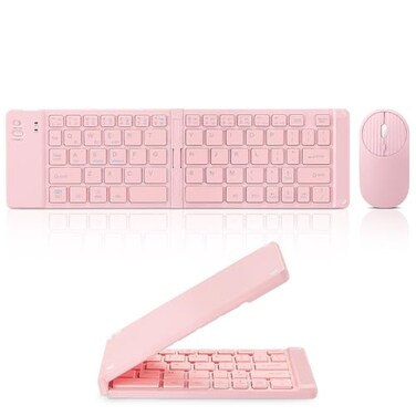 Guiheng Mini Rechargeable Foldable Bluetooth Keyboard and Mouse Combo, Portable (Sync up to 3 Devices), Ultra-Slim Travel Folding Keyboard for Iphone Ipad Mac Android Windows Ios Pink