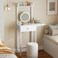 Yatiney Small Vanity Desk Without Mirror, Makeup Vanity Table for Small Space, Compact White Dressing Table with Fold-up Panel and Fabric Drawer, for Bedroom, Easy Assembly, White