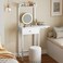 Yatiney Small Vanity Desk Without Mirror, Makeup Vanity Table for Small Space, Compact White Dressing Table with Fold-up Panel and Fabric Drawer, for Bedroom, Easy Assembly, White