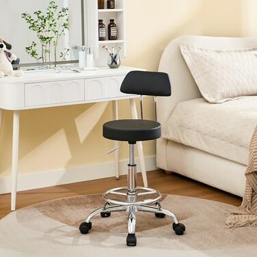 Firavoe Rolling Stool with Back, Adjustable Height Foot Rest Rolling Salon Chair 19.5"-26.6", Black Ergonomic Stool (Black)