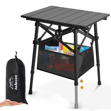 Audoyon Folding Camping Side Table, Adjustable Height 14.2 &amp; 18.9 In