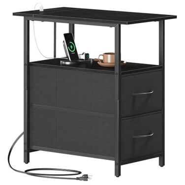 Somdot Narrow End Table with Charging Station, 2 Drawers, Slim Side Table
