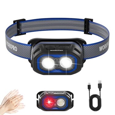 Workpro 1200LM Rechargeable Headlamp with Red White Light, Motion Sensor