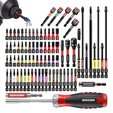 Geinxurn Impact Screwdriver Bits Set, Magnetic S2 Steel Phillips/Square/Torx/Hex 82Pieces Insert Power Bits Tips with Impact Bit Holder and Impact Nut Driver and Rachet Screwdriver Handle