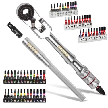 Geinxurn 60PCS 180 &deg; Pivoting Flex Head T-Handle Ratchet Wrench Set, 72-Tooth 1/4" Reversible Ratchet with Extension Bar, Socket Adapter &amp; 1" Impact Screwdriver Bits (Phillips/Torx/Hex) for Diy