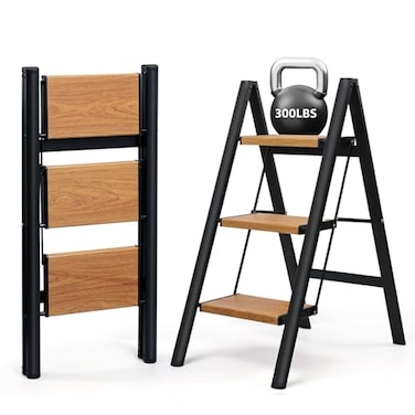 Soladder 3 Step Ladder, Folding Step Stool, Black &amp; Woodgrain