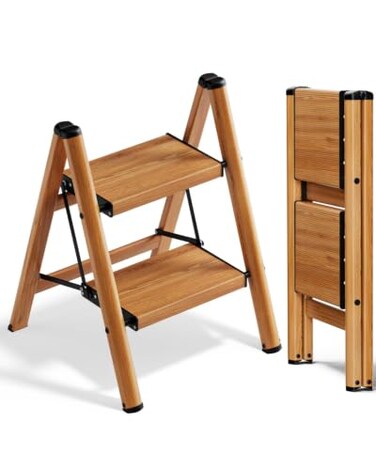 Soladder 2 Step Ladder, Lightweight Folding Step Stool, Woodgrain