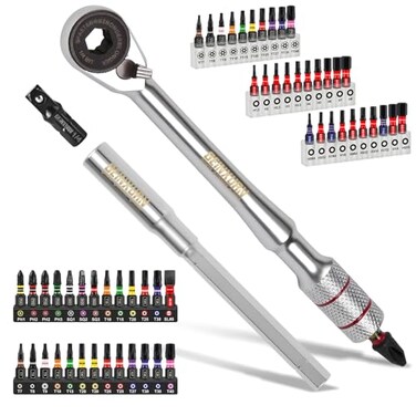 Geinxurn 60PCS Mini T-Handle Ratchet Wrench Set, 72-Tooth Reversible Ratchet with Extension Bar,1/4" Socket Adapter, and 1 Impact (Phillips/Torx/Hex) Screwdriver Bit Stored in Coded Base for Repair