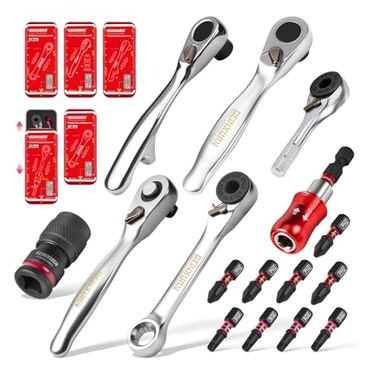 Geinxurn Mini Ratchet Wrench Set, 72 Teeth Ratchet Wrench for Tight Spaces, Locking Bit Holder, Change Adapter and Mini Socket Ratchet Comes in a Push-Pull Tin Case, Ideal for Repair and Diy Projects
