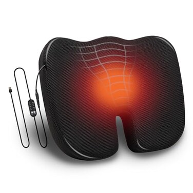 Mind Reader Heated Memory Foam Seat Cushion with Air-Cloud Support, Slim Ergonomic Cushion with 4 Heat Settings Timer and Auto Shut-Off, Black