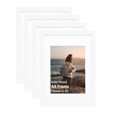 Kinlink A4 Picture Frame, White Solid Wood Frames with Acrylic Plexiglass for Pictures A5 with Mat or A4 Without Mat, Tabletop and Wall Display Photo Frame 4 Pack