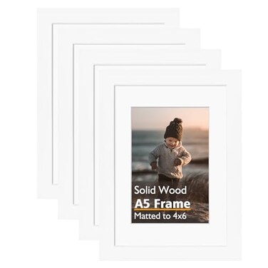 Kinlink A5 Picture Frame, White Solid Wood Frames with Acrylic Plexiglass for Pictures 4X6 with Mat or A5 Without Mat, Tabletop and Wall Mounting Display 4 Pack