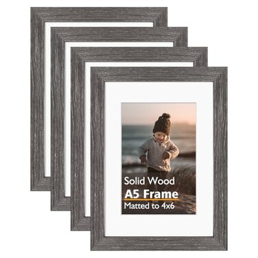 Kinlink A5 Picture Frame, Ash Black Solid Wood Frames with Acrylic Plexiglass for Pictures 4X6 with Mat or A5 Without Mat, Tabletop and Wall Mounting Display 4 Pack