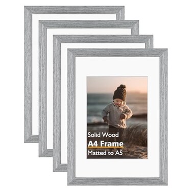 Kinlink A4 Picture Frame, Grey Solid Wood Frames with Acrylic Plexiglass for Pictures A5 with Mat or A4 Without Mat, Tabletop and Wall Display Photo Frame 4 Pack