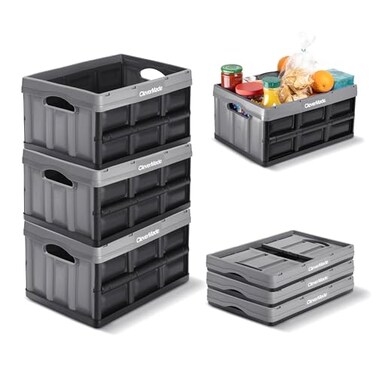 CleverMade Collapsible Storage Bins, 32L 3 Pack, 66 Lb Stackable, Stone