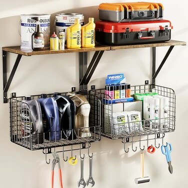 Housolution Garage Shelving Wall Mounted with Basket &amp; Hook up to 154 Lbs