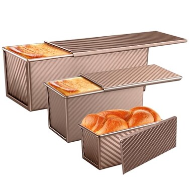 Baishun 3 Pack Pullman Loaf Pans, Bread Pans with Lids, Golden