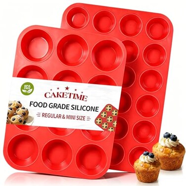 Caketime Silicone Muffin Pan, Mini Muffin Pan, Regular 12 Cups and Mini 24 Cups Cupcake Tin Set of 2 for Baking Egg Bites