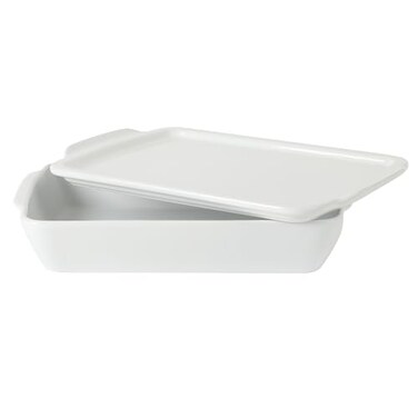 Gibson Home Gracious Dining 2.6-Qt White Stoneware Covered Baking Dish W/Multi-Purpose Lid 12.7" X 9" Rectangular Oven Safe Casserole, Lasagna &amp; Roasting Baker, Lid Doubles as Serveware or Trivet