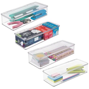 iDesign Plastic Stackable Hinged-Lid Storage Box - Set of 4 - Clear