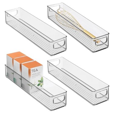 iDesign Slim Clear Plastic Storage Bin, Extra Long Narrow, 4-Pack