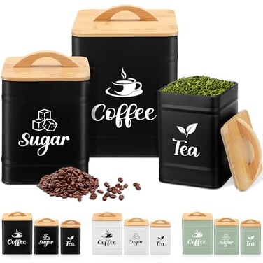 Maxdot 3 Set Coffee Tea Sugar Containers Kitchen Canisters, Black