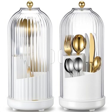 Singhoow 2 Pcs 360 &deg; Silverware Organizer with Lid, White, 3 Slot