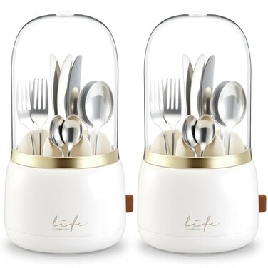Singhoow 2 Pcs 360 &deg; Silverware Organizer with Lid, White, 7 Slot
