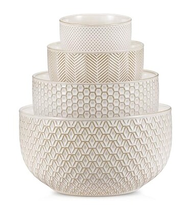 KooK Ceramic Nesting Bowls, Embossed, Oven Safe, Set of 4, Ivory