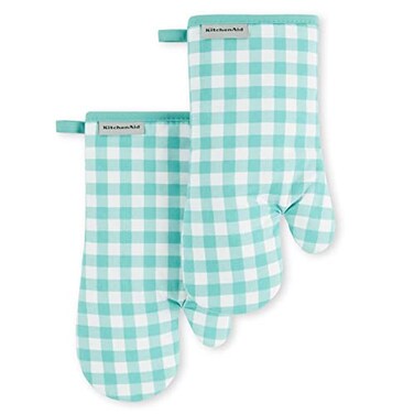 KitchenAid Gingham Oven Mitt 2-Pack Set, Aqua Sky, 7"x13
