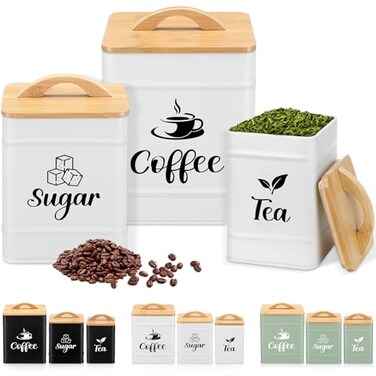 Maxdot 3 Set Coffee Tea Sugar Containers Kitchen Canisters, Cream