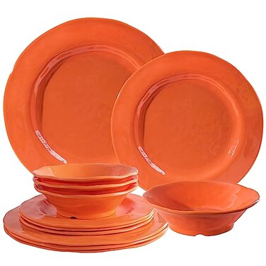 Lehaha Orange Melamine Dinnerware Set, 12 Piece Kitchen Tableware Plates Bowls Dishes Set, Lightweight Unbreakable Dinnerware Set for 4, Dishwasher Safe and Bpa Free