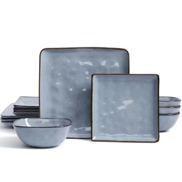 Famiware Square Stoneware Dinnerware Sets for 4, Plates and Bowl Sets, Blue