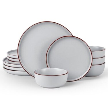 Famiware Mercury 12-Piece Stoneware Dinnerware Set, Light Grey